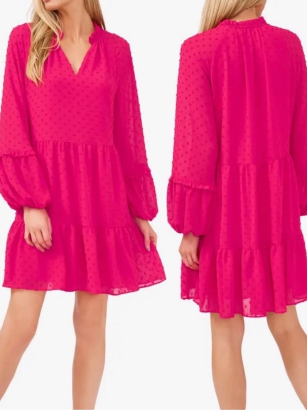 CeCe Split V-Neck Long Sleeve Tiered Babydoll Dress